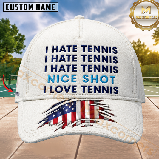 Maxcorners Tennis I Hate Tennis Nice Shot I Love Tennis USA Flag White Honeycomb Funny Quote Design Personalized Name 3D Cap