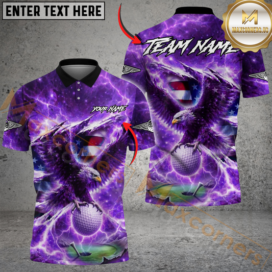 Maxcorners Eagle Strike Lightning Golf Polo Personalized Name, Team Name 3D Shirt (4 Colors)