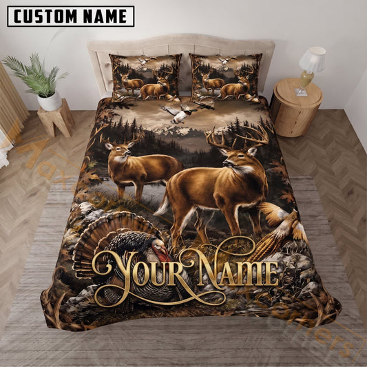 Maxcorners Deer Hunting Turkey Woodland Wildlife Custom Name 3D Bedding Set