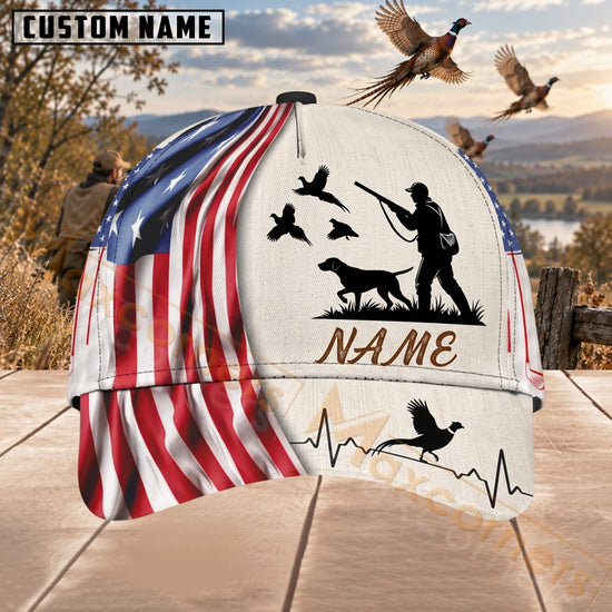 Maxcorners Upland Bird Hunting US Flag Hunter Silhouette Personalized Name 3D Cap