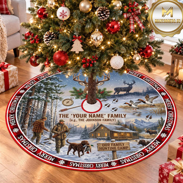 Maxcorners Hunting Wildlife Family Winter Plaid Personalized Name 3D Christmas Tree Skirt