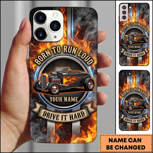 Maxcorners Hot Rod Black Classic Car with Orange Flame and Vintage Garage Personalized Name 3D Phone Case