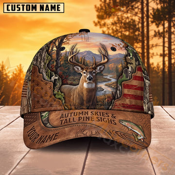 Maxcorners Whitetail Deer Hunting American Flag Autumn Skies Personalized Name 3D Cap
