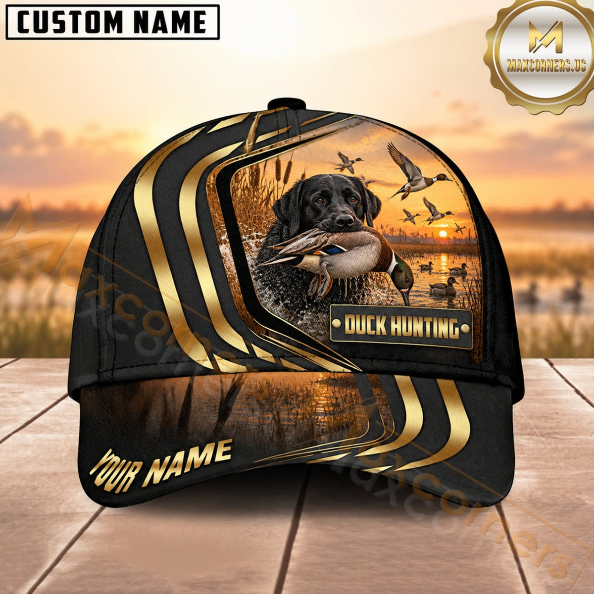 Maxcorners Dog Hunting And Duck Black Gold Curved Stripe Marsh Sunset Scene Multiple Options Personalized Name 3D Cap