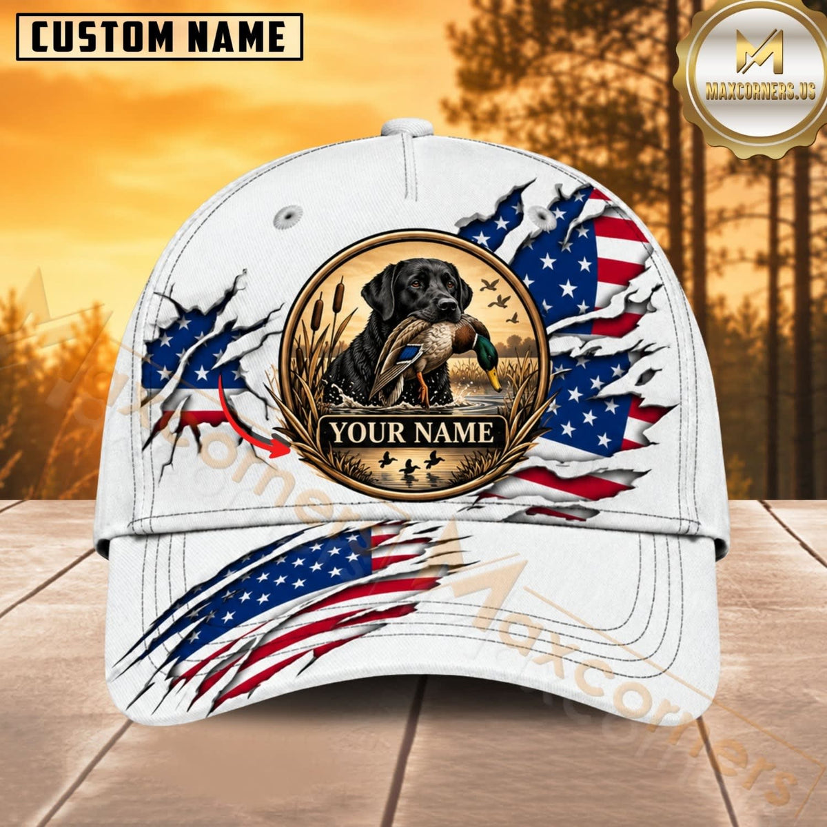 Maxcorners Dog Hunting And Duck White American Flag Hunting Dog Badge Personalized Name 3D Cap