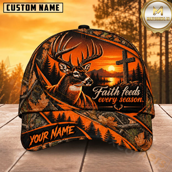 Maxcorners Deer Hunting Whitetail Buck Faith Feeds Every Season Orange Camo Customized Name 3D Cap