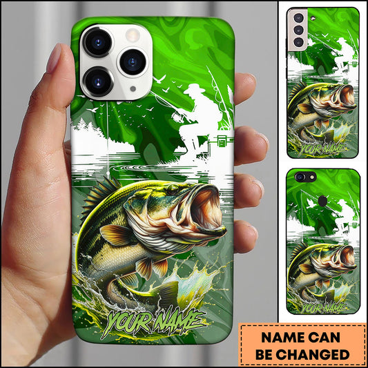 Maxcorners Fishing Vintage Green Neon Fishing Scene with Silhouette Angler and Dynamic Water Splash Personalized Name Phone Case (13 Fish Species)