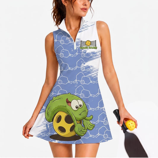 Maxcorners Pickleball Sleeveless Zipper Sports Dress Set Blue Cartoon Turtle Pickleball Personalized Name 3D Sleeveless Zipper Sports Dress Set