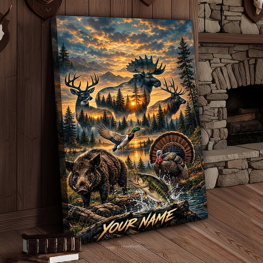 Maxcorners Moose Hunting Retro Sunset Forest Personalized Canvas Wall Art