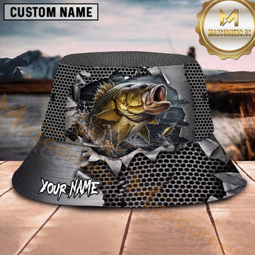 Maxcorners Fishing Torn Metal Mesh Personalized Name 3D Bucket Hat (12 Fish Species)