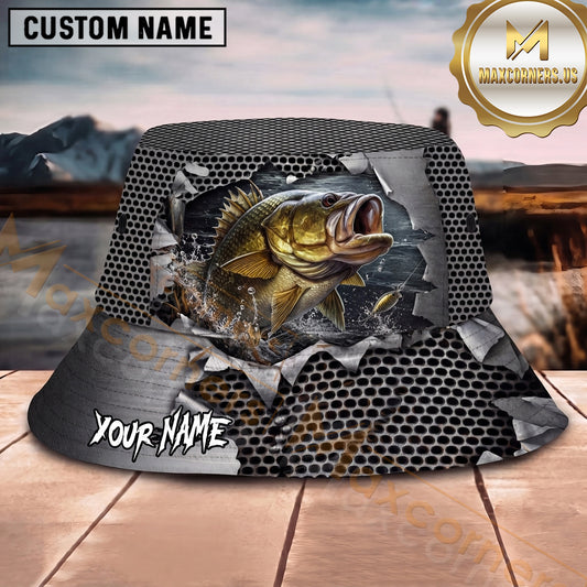 Maxcorners Fishing Torn Metal Mesh Personalized Name 3D Bucket Hat (12 Fish Species)