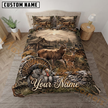 Maxcorners Deer Hunting Turkey Rustic Cabin Forest Custom Name 3D Bedding Set