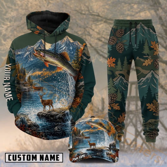 Maxcorners Hunting Deer Fishing Mountain Lake Personalized 3D Combo Hoodie, Sweatpants Set & Cap