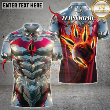 Maxcorners Bowling Silver Red Mechanical Armor Flaming Hand Personalized Name 3D Unisex Shirt