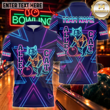 Maxcorners Bowling Alley Cat Neon Bowling Ball Graphic Personalized Name 3D Unisex Shirt