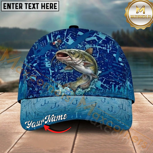 Maxcorners Fishing Blue Hook Pattern Personalized Name 3D Cap (12 Fish Species)