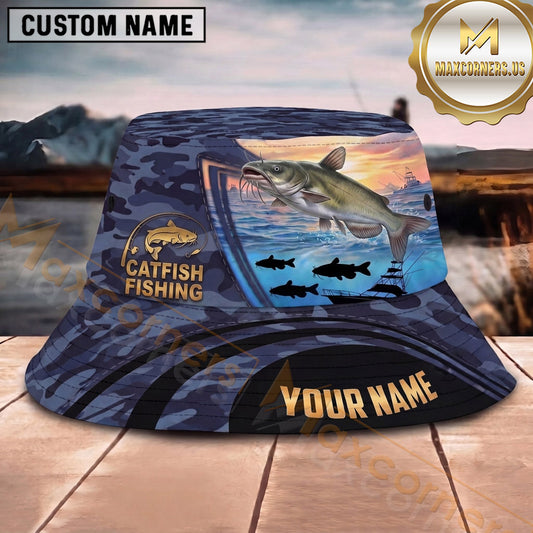 Maxcorners Fishing Navy Camouflage Sunset Boat Scene Personalized 3D Bucket Hat (13 Fish Species)