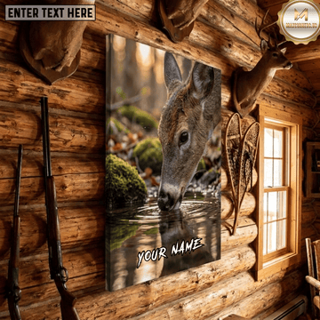 Maxcorners Deer Hunting Doe Drinking Water Forest Stream Mossy Rocks Wildlife Scene Canvas Wall Art