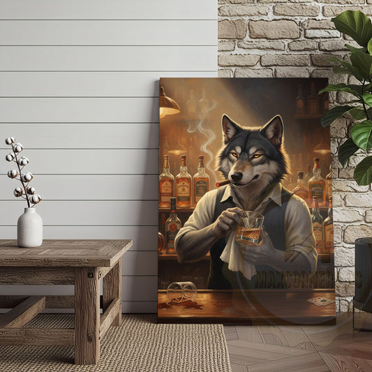 Maxcorners Wolf Bartender Mixing Whiskey Cocktails in Cozy Vintage Bar Wrapped Canvas Wall Art
