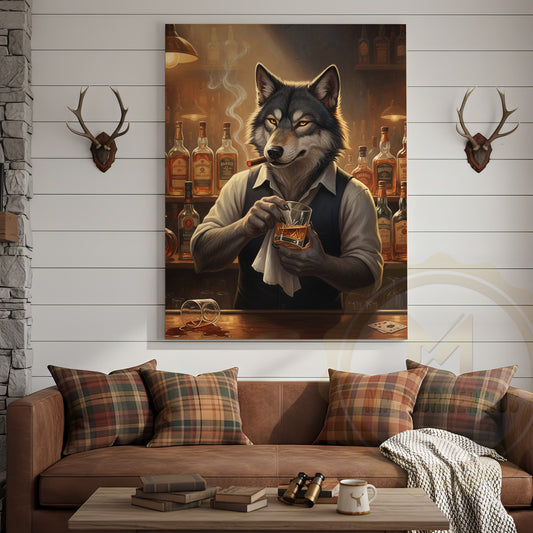 Maxcorners Wolf Bartender Mixing Whiskey Cocktails in Cozy Vintage Bar Wrapped Canvas Wall Art