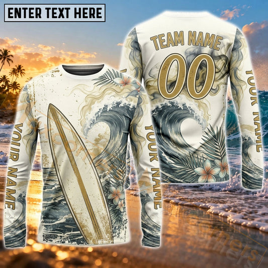 Maxcorners Surfboard Vintage Beach Wave Art Customized Name, Number, Team Name 3D Long Sleeve Shirts
