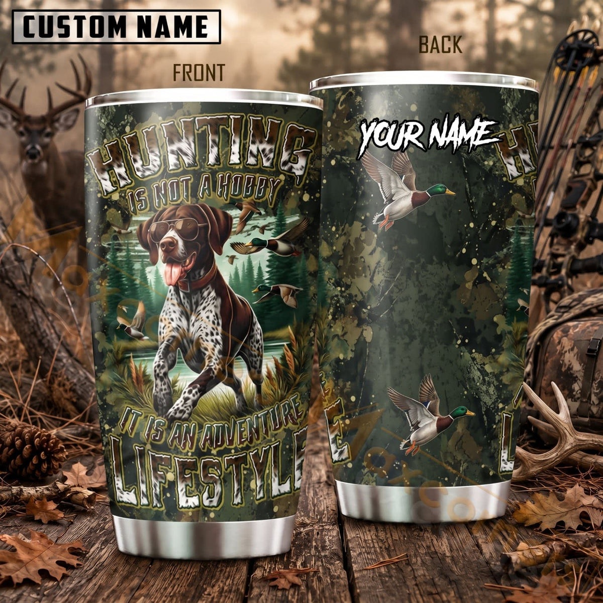 Maxcorners Hunting Deer Hunter Green Forest Camo Personalized Name 3D Tumbler