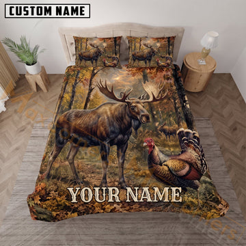Maxcorners Moose Hunting Turkey Autumn Forest Custom Name 3D Bedding Set