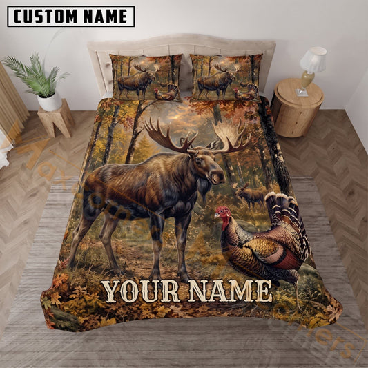 Maxcorners Moose Hunting Turkey Autumn Forest Custom Name 3D Bedding Set