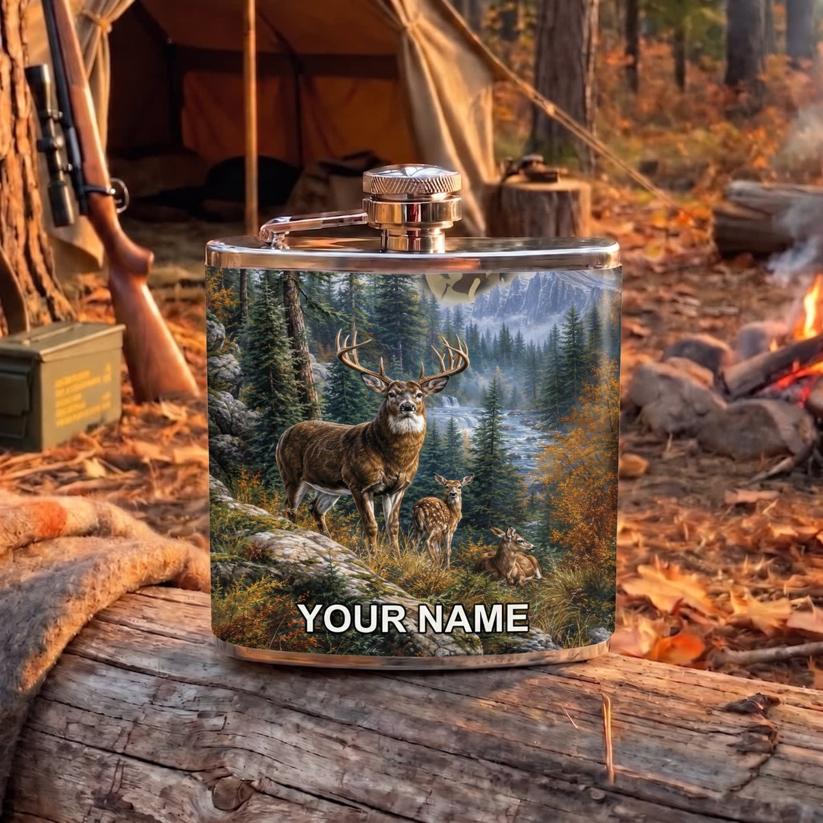 Maxcorners Hunting Moose Pine Forest Mountain Scene Personalized Name 3D Hip Flask