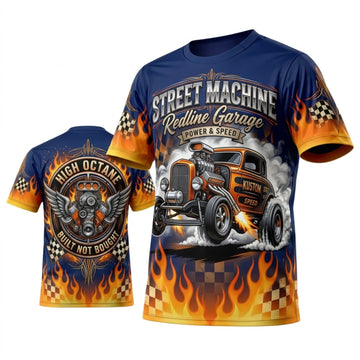Maxcorners Personalized Car Classic Muscle Car 3D T-Shirt – Street Machine Blue Orange High Octane Flames