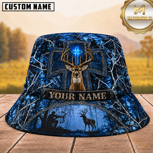 Maxcorners Deer Hunting Blue Cross Forest Camouflage Personalized Name 3D Bucket Hat