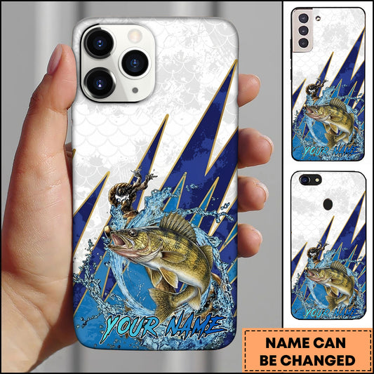 Maxcorners Walleye Fishing Phone Case Jumping Water Splash Blue Lightning Scale Pattern Personalized Name Phone Case