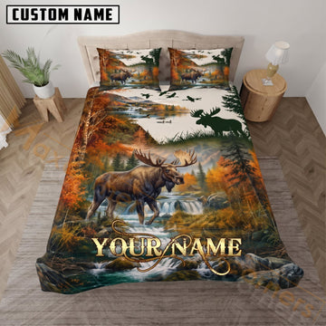 Maxcorners Moose Hunting Autumn Waterfall Forest Custom Name 3D Bedding Set