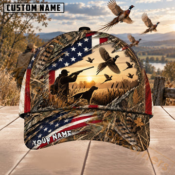 Maxcorners Upland Bird Hunting Patriotic Sunset Hunter Dog Scene Personalized Name 3D Cap