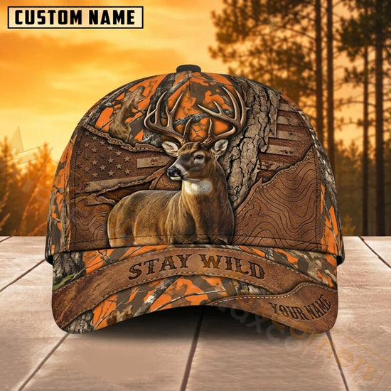 Maxcorners Whitetail Deer Hunting Brown Camo Stay Wild Personalized Name 3D Cap