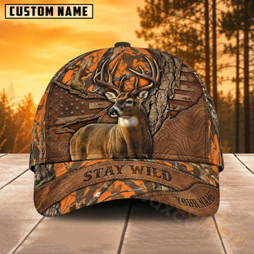 Maxcorners Whitetail Deer Hunting Brown Camo Stay Wild Personalized Name 3D Cap