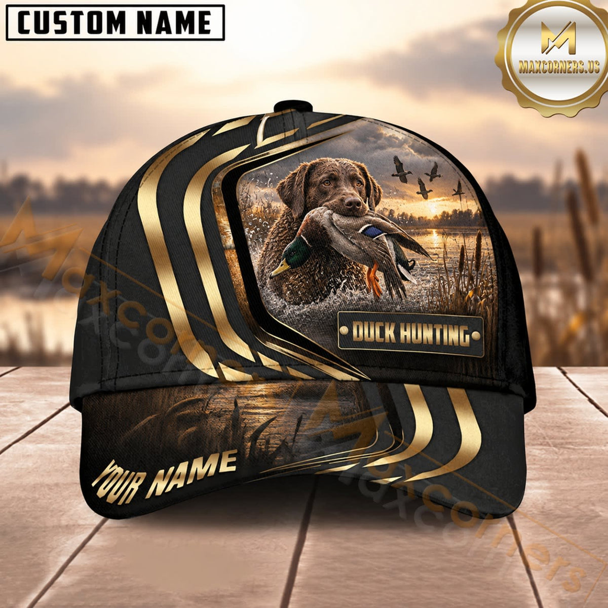 Maxcorners Dog Hunting And Duck Black Gold Curved Stripe Marsh Sunset Scene Multiple Options Personalized Name 3D Cap