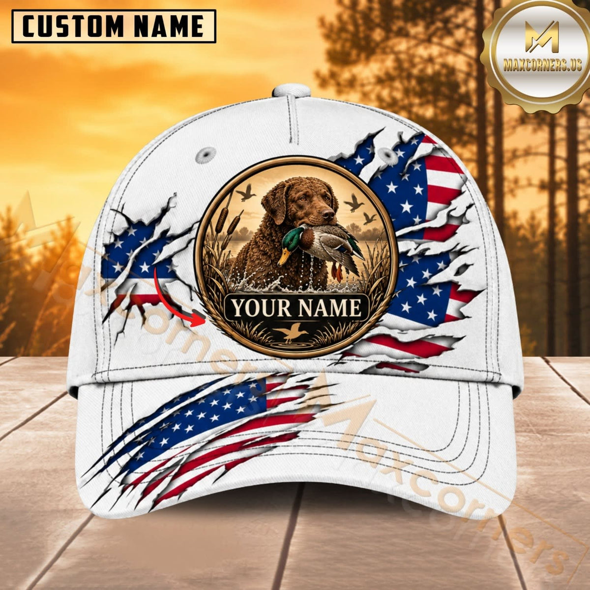 Maxcorners Dog Hunting And Duck White American Flag Hunting Dog Badge Personalized Name 3D Cap