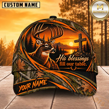 Maxcorners Deer Hunting Whitetail Buck His Blessings Fill Our Table Autumn Cross Camo Customized Name 3D Cap