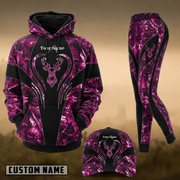 Maxcorners Hunting Deer Heart Pink Camo Personalized 3D Combo Hoodie, Legging Set & Cap