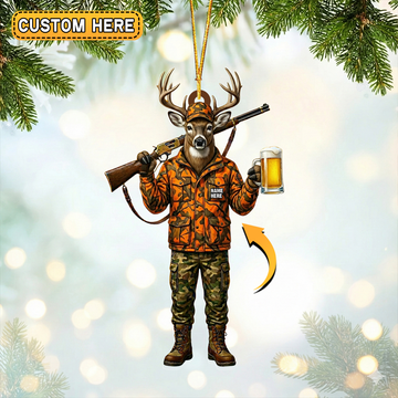 Maxcorners Personalized Deer Hunter Beer Mug Hunting Acrylic Christmas Ornament And Keychain Custom Gift For Hunters 2D Flat