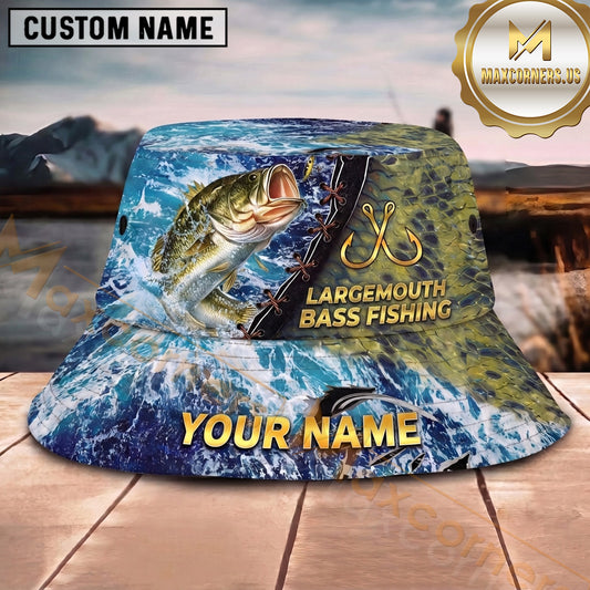 Maxcorners Fishing Ocean Splash Personalized Name 3D Bucket Hat (12 Fish Species)
