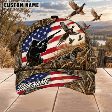 Maxcorners Upland Bird Hunting American Flag Pheasant & Hunting Dog Personalized Name 3D Cap
