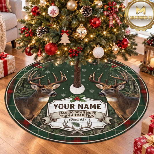 Maxcorners Hunting Deer Wildlife Green Forest Personalized Name 3D Christmas Tree Skirt