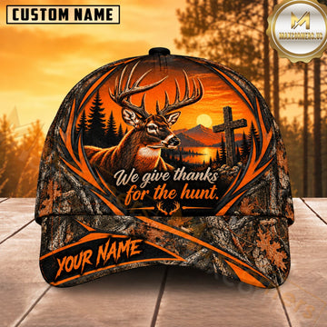 Maxcorners Deer Hunting Whitetail Buck We Give Thanks for the Hunt Orange Camo Customized Name 3D Cap
