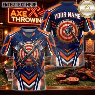 Maxcorners Axe Throwing Navy Orange Target Crossed Axes Personalized Name 3D Unisex Shirt