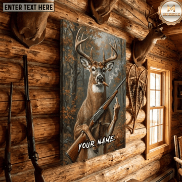 Maxcorners Deer Hunting Funny Buck Rifle Cigar Middle Finger Autumn Forest Lodge Canvas Wall Art