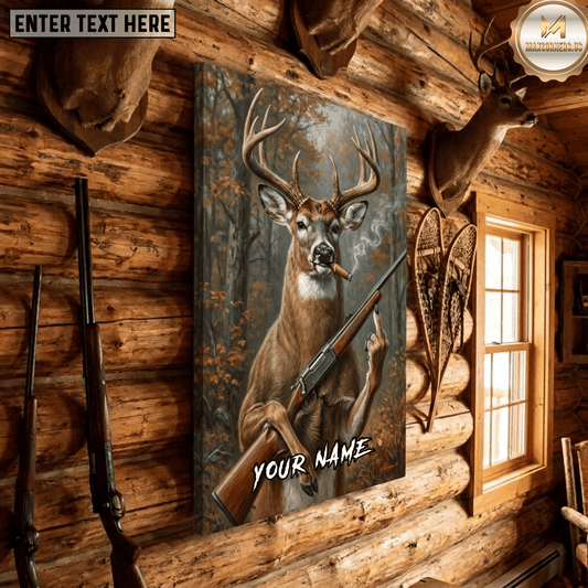 Maxcorners Deer Hunting Funny Buck Rifle Cigar Middle Finger Autumn Forest Lodge Canvas Wall Art