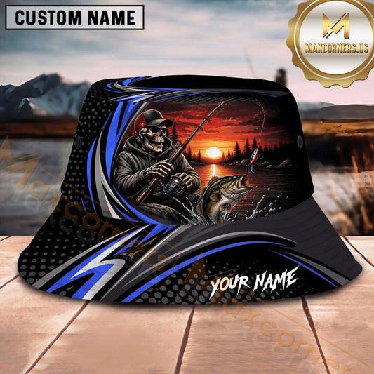 Maxcorners Skeleton Angler Fishing Black Blue Sunset Personalized Name 3D Bucket Hat (12 Fish Species)