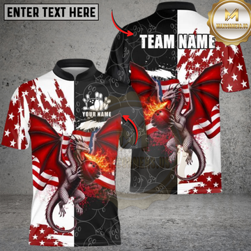 Maxcorners Bowling Patriotic Fire Dragon Split Contrast Personalized Name 3D Unisex Shirt
